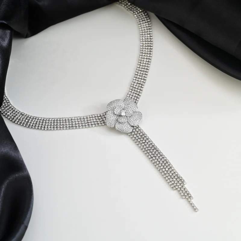 Elegant Crystal Rose Choker Necklace with Tassel Drop - Image 2