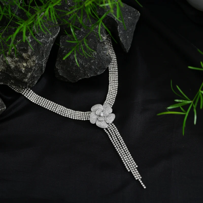 Elegant Crystal Rose Choker Necklace with Tassel Drop