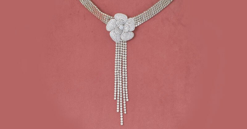 Elegant Crystal Rose Choker Necklace with Tassel Drop - Image 4