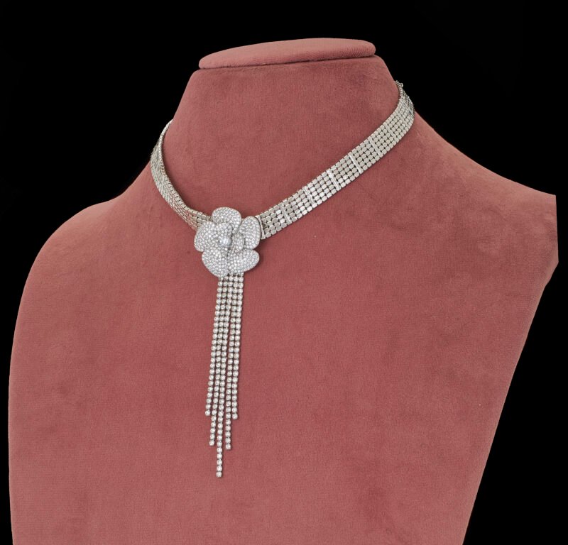 Elegant Crystal Rose Choker Necklace with Tassel Drop - Image 3