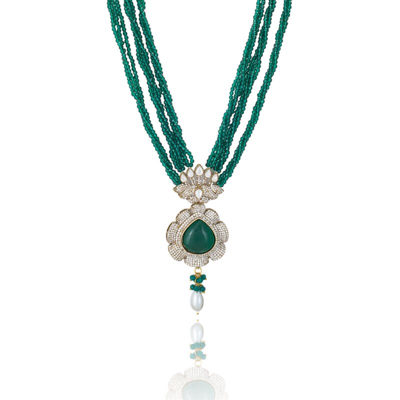 Multi-Strand Green Bead and Diamond Pendant Necklace - Image 11