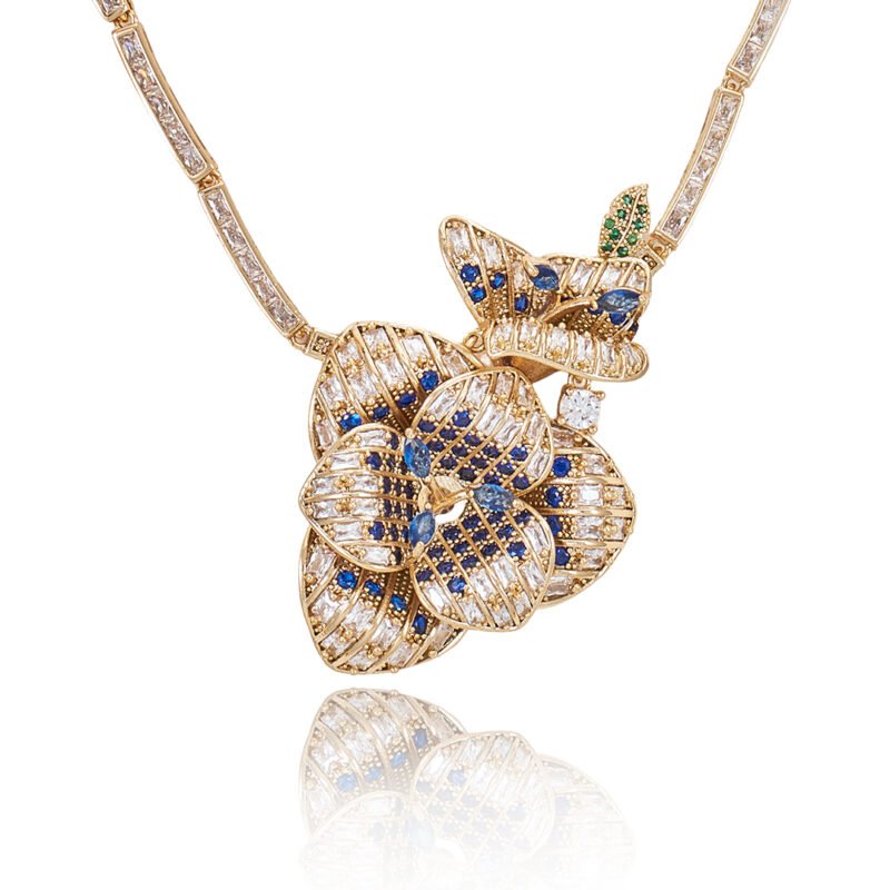 Blue Sapphire and Diamond Flower Necklace with Butterfly Pendant - Image 5