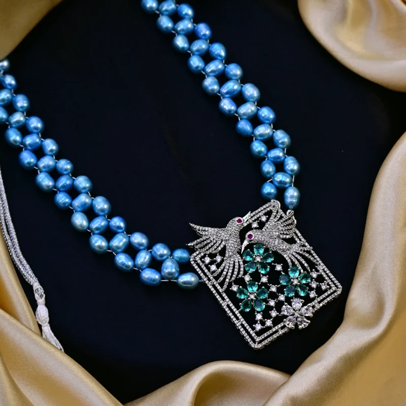 Azure Pearl Harmony Necklace with Bird & Floral Motif Pendant - Image 3