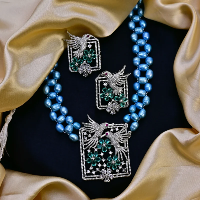 Azure Pearl Harmony Necklace with Bird & Floral Motif Pendant - Image 2