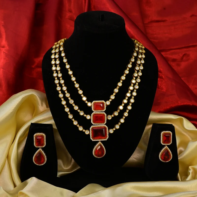 Red Coral and Diamond Triple Strand Necklace - Image 2