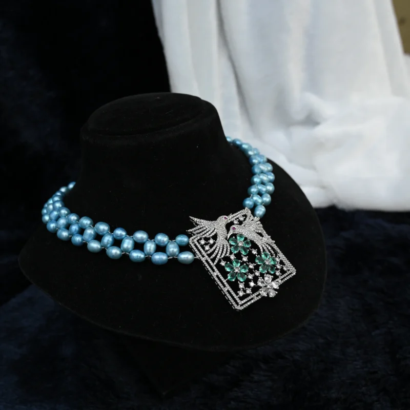 Azure Pearl Harmony Necklace with Bird & Floral Motif Pendant - Image 6
