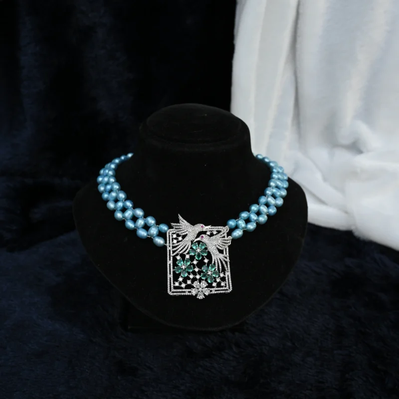 Azure Pearl Harmony Necklace with Bird & Floral Motif Pendant - Image 5