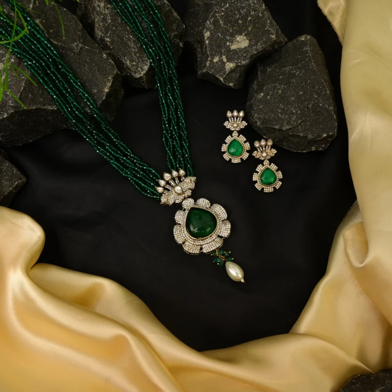 Multi-Strand Green Bead and Diamond Pendant Necklace - Image 4