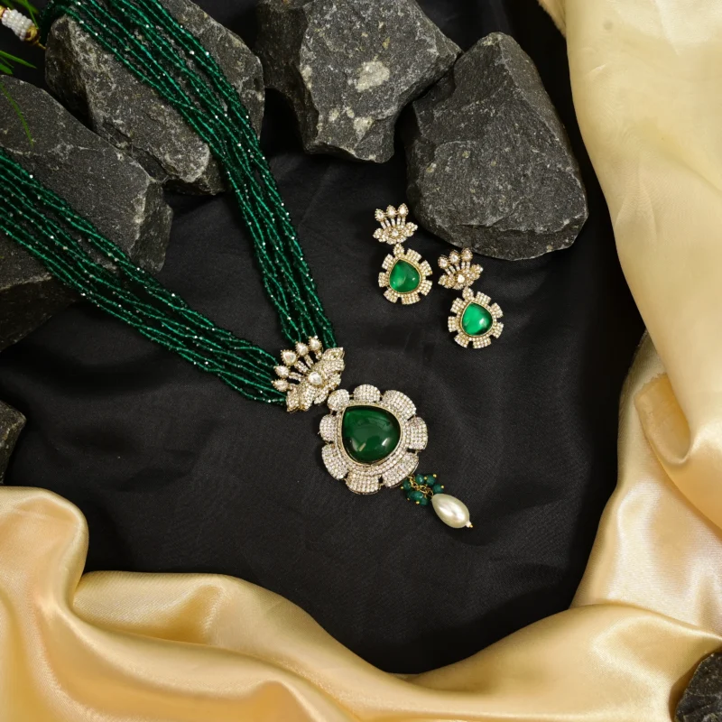 Multi-Strand Green Bead and Diamond Pendant Necklace - Image 5