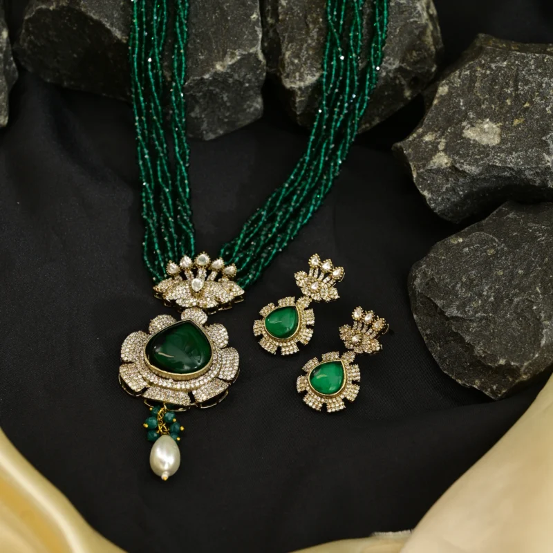 Multi-Strand Green Bead and Diamond Pendant Necklace - Image 6