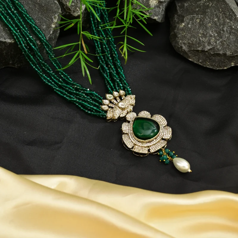 Multi-Strand Green Bead and Diamond Pendant Necklace - Image 8