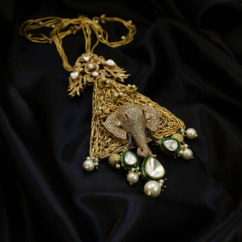 Elephant Motif Gold Necklace with Pearls and Gemstones - Image 2