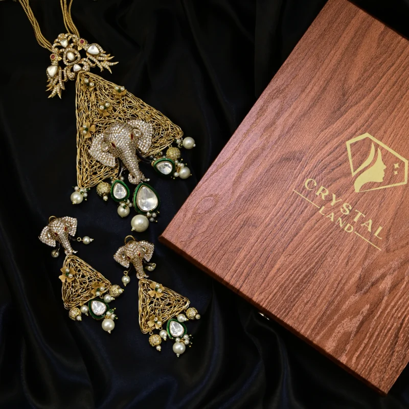 Elephant Motif Gold Necklace with Pearls and Gemstones