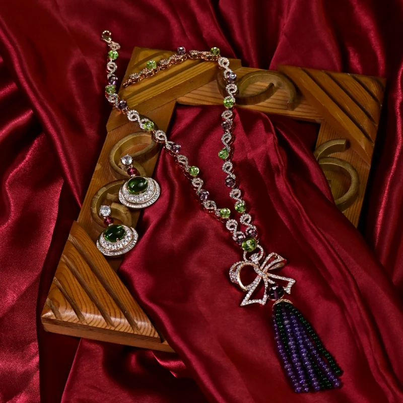 Bow Pendant Tassel Necklace with Multi-Colored Gems