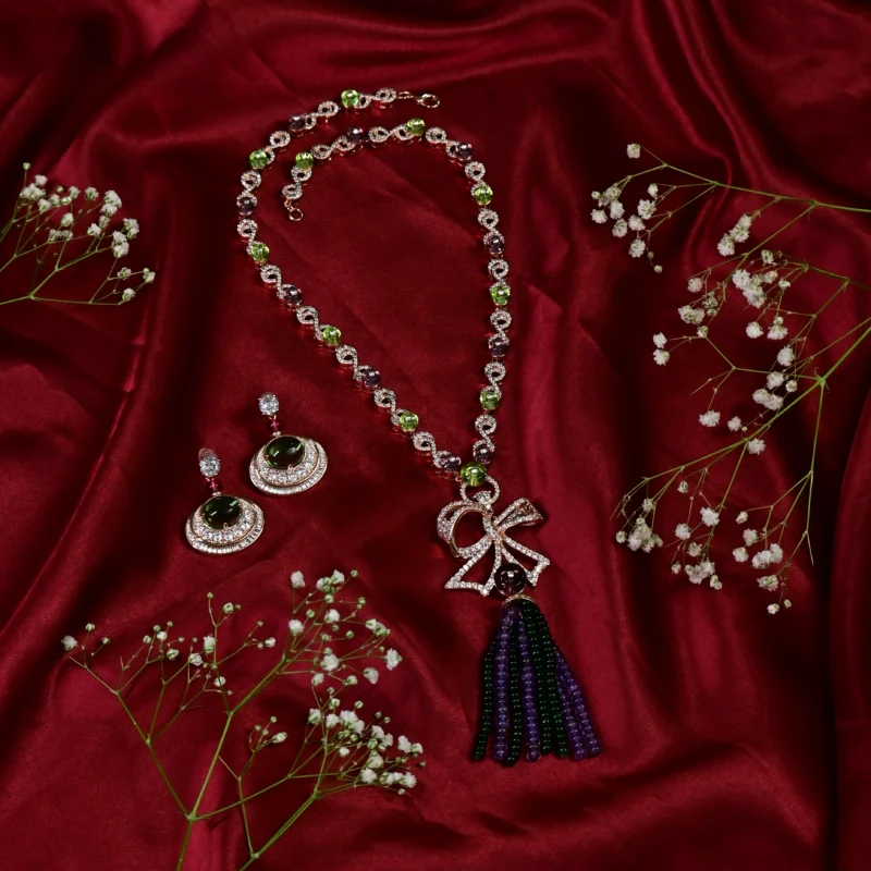 Bow Pendant Tassel Necklace with Multi-Colored Gems - Image 2