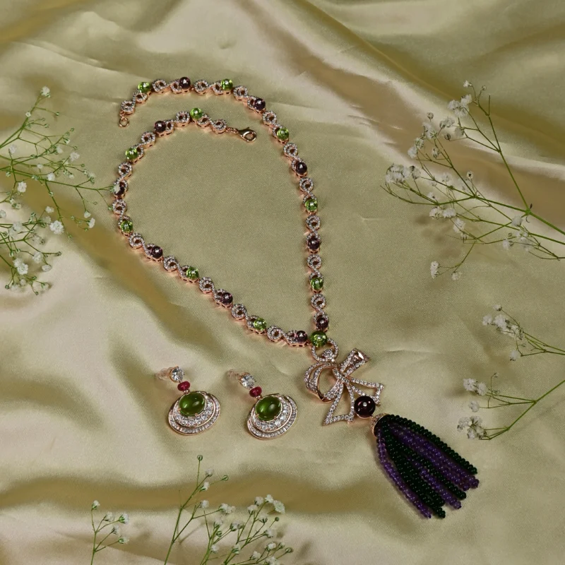 Bow Pendant Tassel Necklace with Multi-Colored Gems - Image 3