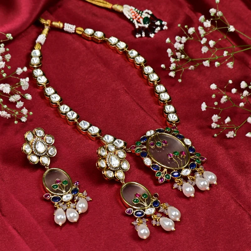 Kundan Necklace with Pearl Drops - Image 4