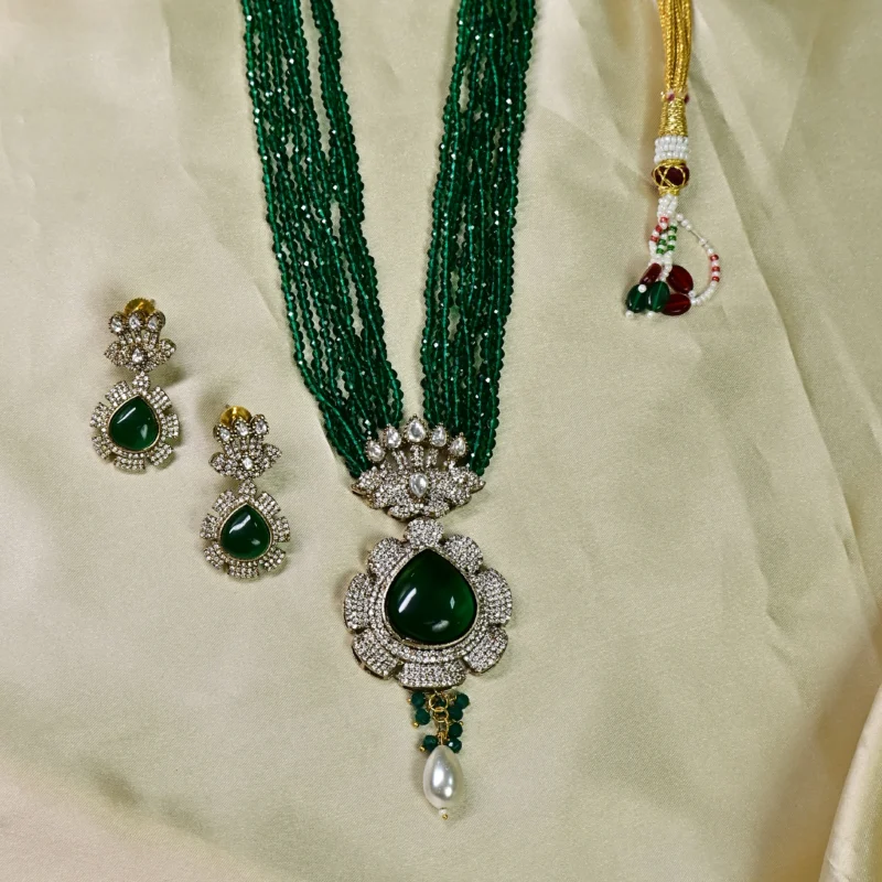 Multi-Strand Green Bead and Diamond Pendant Necklace - Image 2