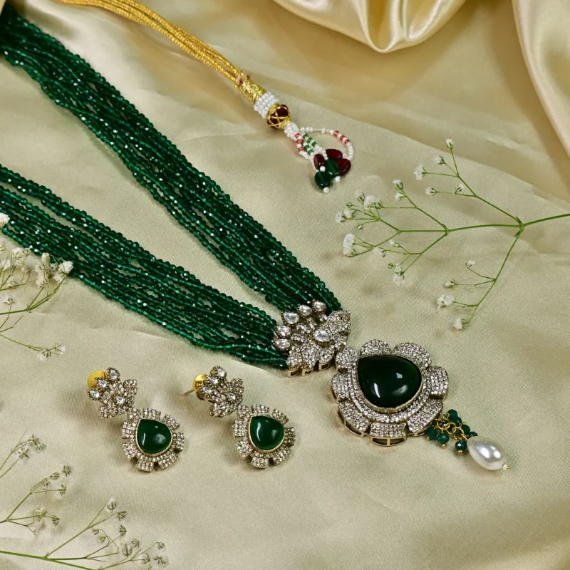 Multi-Strand Green Bead and Diamond Pendant Necklace