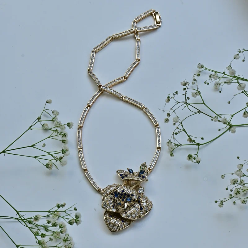 Blue Sapphire and Diamond Flower Necklace with Butterfly Pendant - Image 3