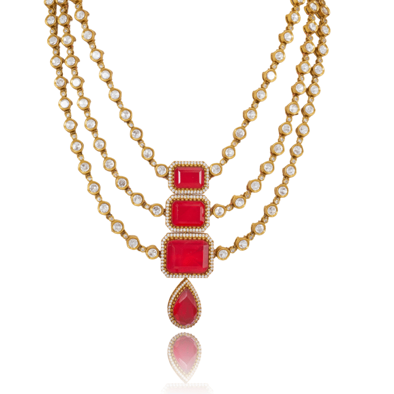 Red Coral and Diamond Triple Strand Necklace - Image 5