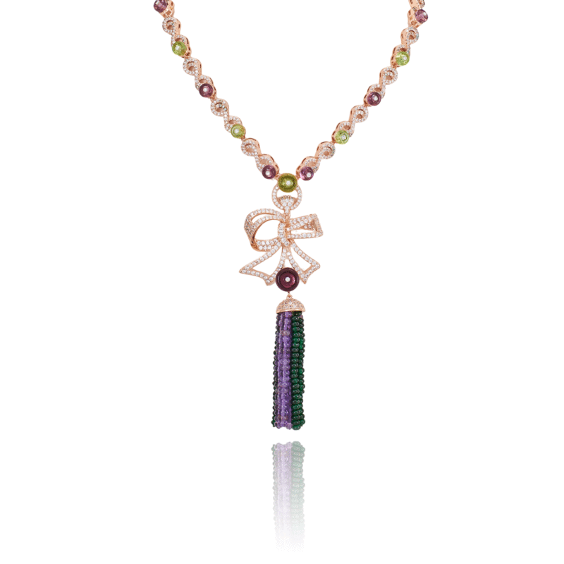 Bow Pendant Tassel Necklace with Multi-Colored Gems - Image 5