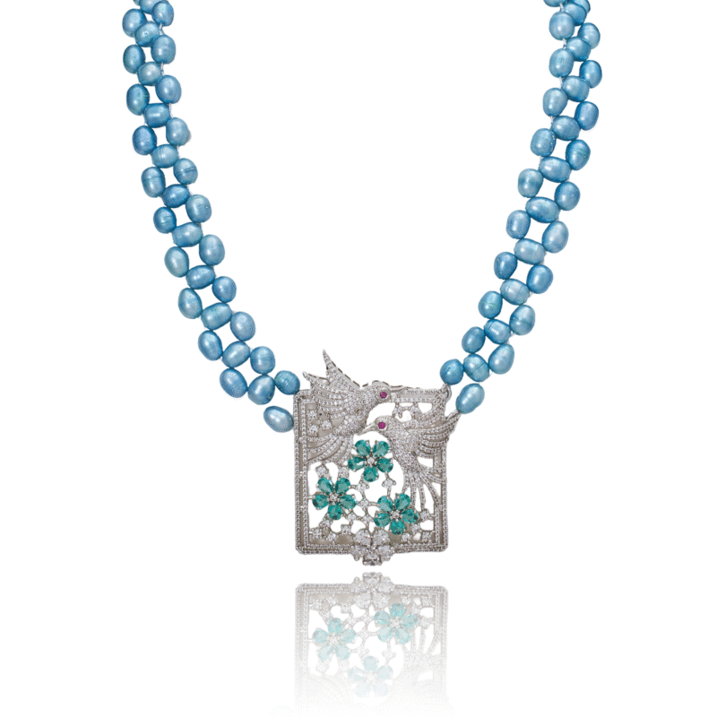 Azure Pearl Harmony Necklace with Bird & Floral Motif Pendant - Image 8