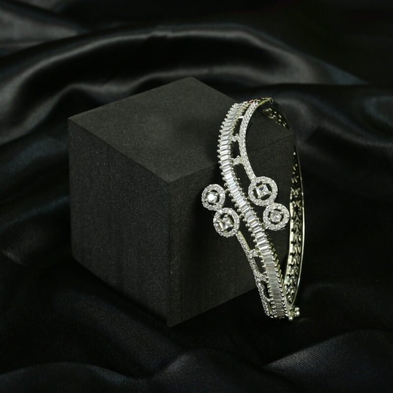 Rhodium Plated Crystal Spiral Kada Bracelet