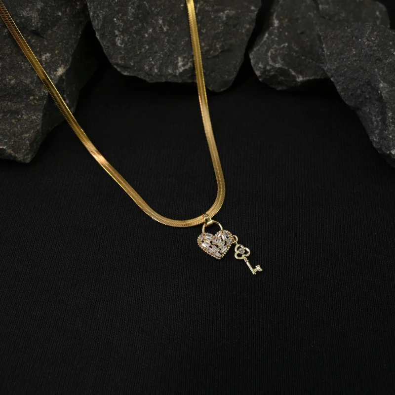 Golden Heart Lock & Key Pendant Necklace - Image 2