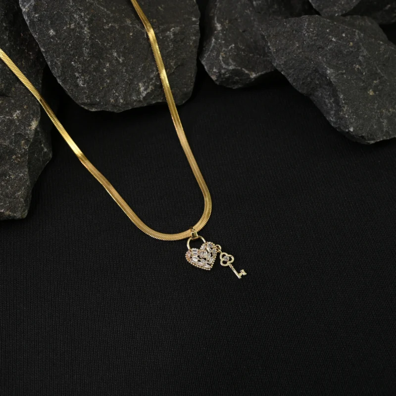 Golden Heart Lock & Key Pendant Necklace