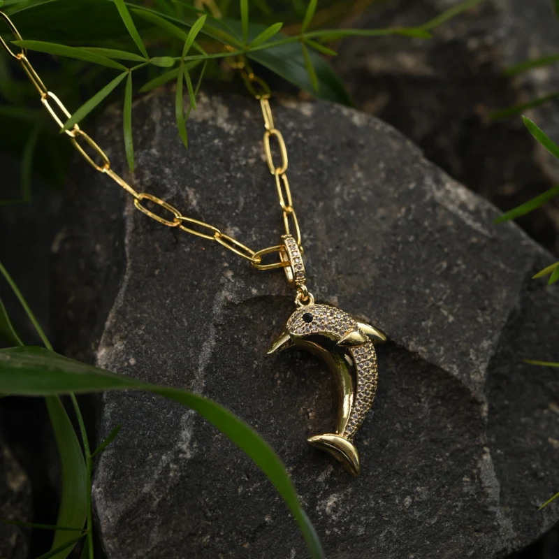 Elegant Dolphin Pendant in Gold with Crystal Accents - Image 2