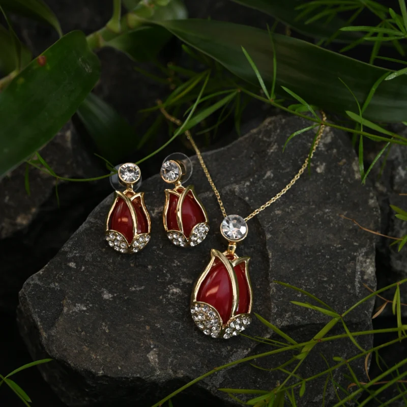 Ruby Blossom Crystal Pendant Set