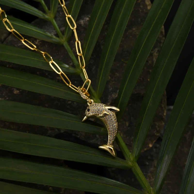 Elegant Dolphin Pendant in Gold with Crystal Accents - Image 3