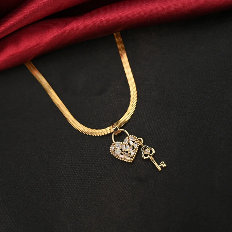 Golden Heart Lock & Key Pendant Necklace - Image 3