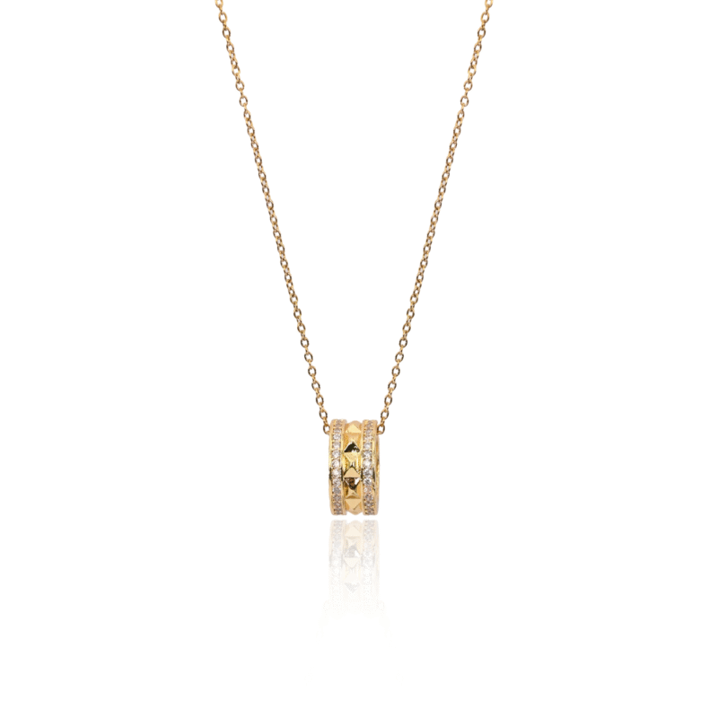 Gold Dual-Ring Pendant with Pyramid Studs and Crystal Borders - Image 6