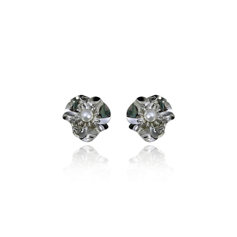 Silver Petal Pearl Stud Earrings - Image 2