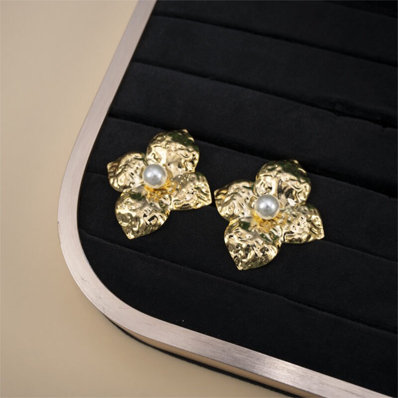 Golden Blossom Pearl Stud Earrings - Image 3