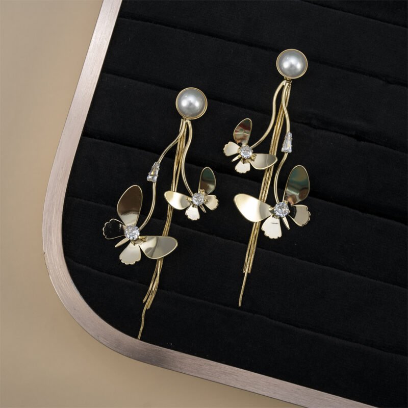 Golden Butterfly Cascade Pearl Earrings - Image 2