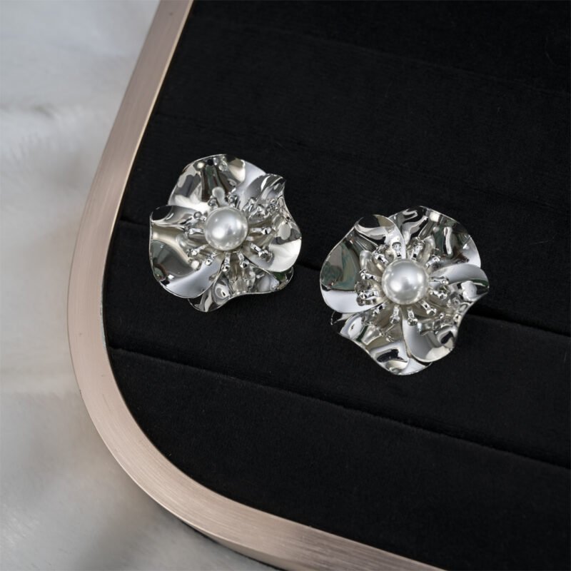 Silver Petal Pearl Stud Earrings