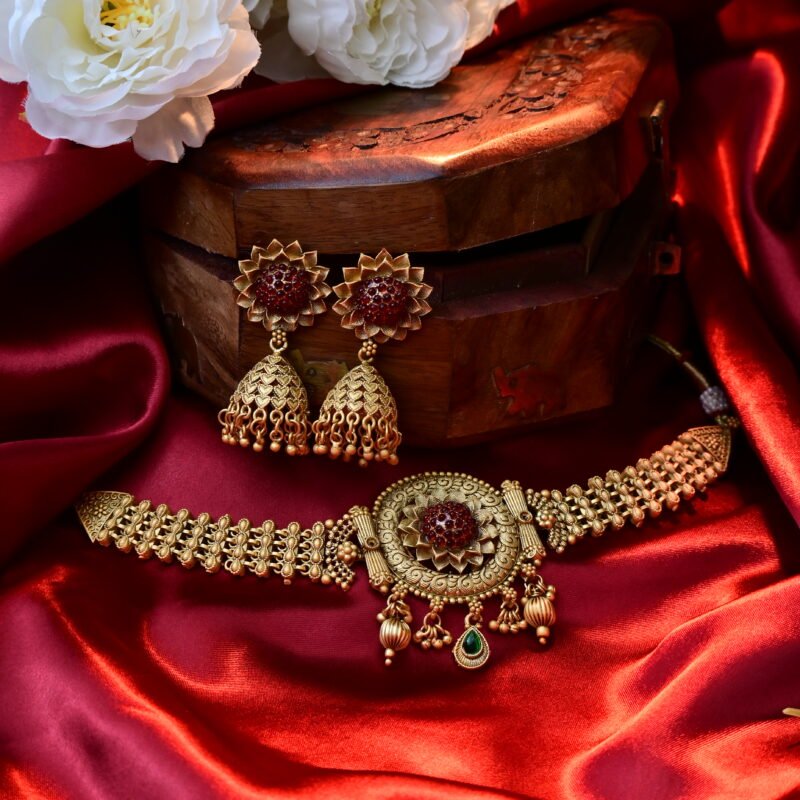 Antique Gold-Plated Temple Choker Necklace Set with Jhumka Earrings - Image 4