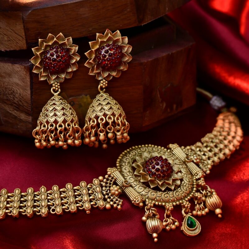 Antique Gold-Plated Temple Choker Necklace Set with Jhumka Earrings - Image 3
