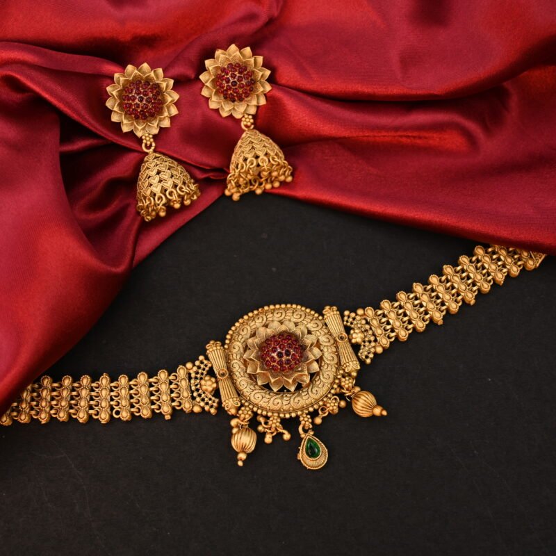 Antique Gold-Plated Temple Choker Necklace Set with Jhumka Earrings
